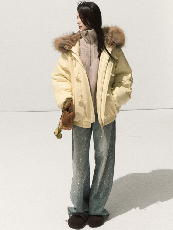OAKMOO/ Cheese Pale Yellow Down Parka with Detachable Raccoon Fur Trim