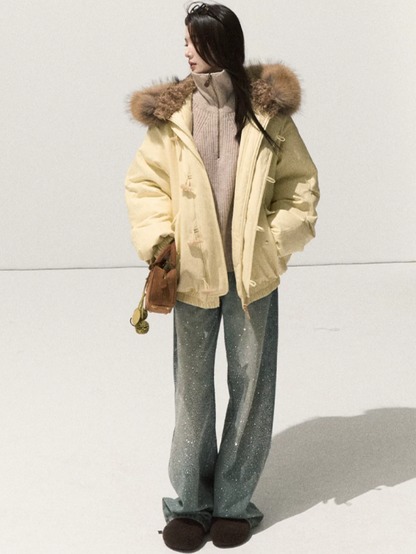 OAKMOO/ Cheese Pale Yellow Down Parka with Detachable Raccoon Fur Trim