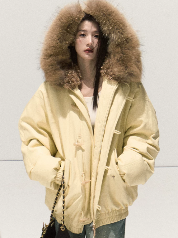 OAKMOO/ Cheese Pale Yellow Down Parka with Detachable Raccoon Fur Trim