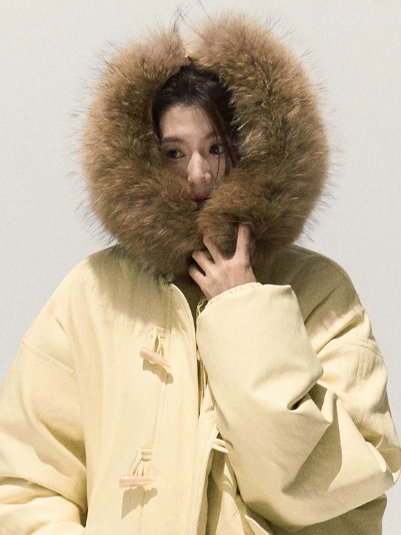 OAKMOO/ Cheese Pale Yellow Down Parka with Detachable Raccoon Fur Trim