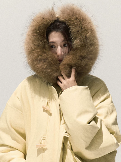 OAKMOO/ Cheese Pale Yellow Down Parka with Detachable Raccoon Fur Trim