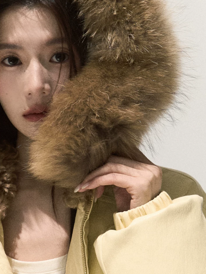 OAKMOO/ Cheese Pale Yellow Down Parka with Detachable Raccoon Fur Trim