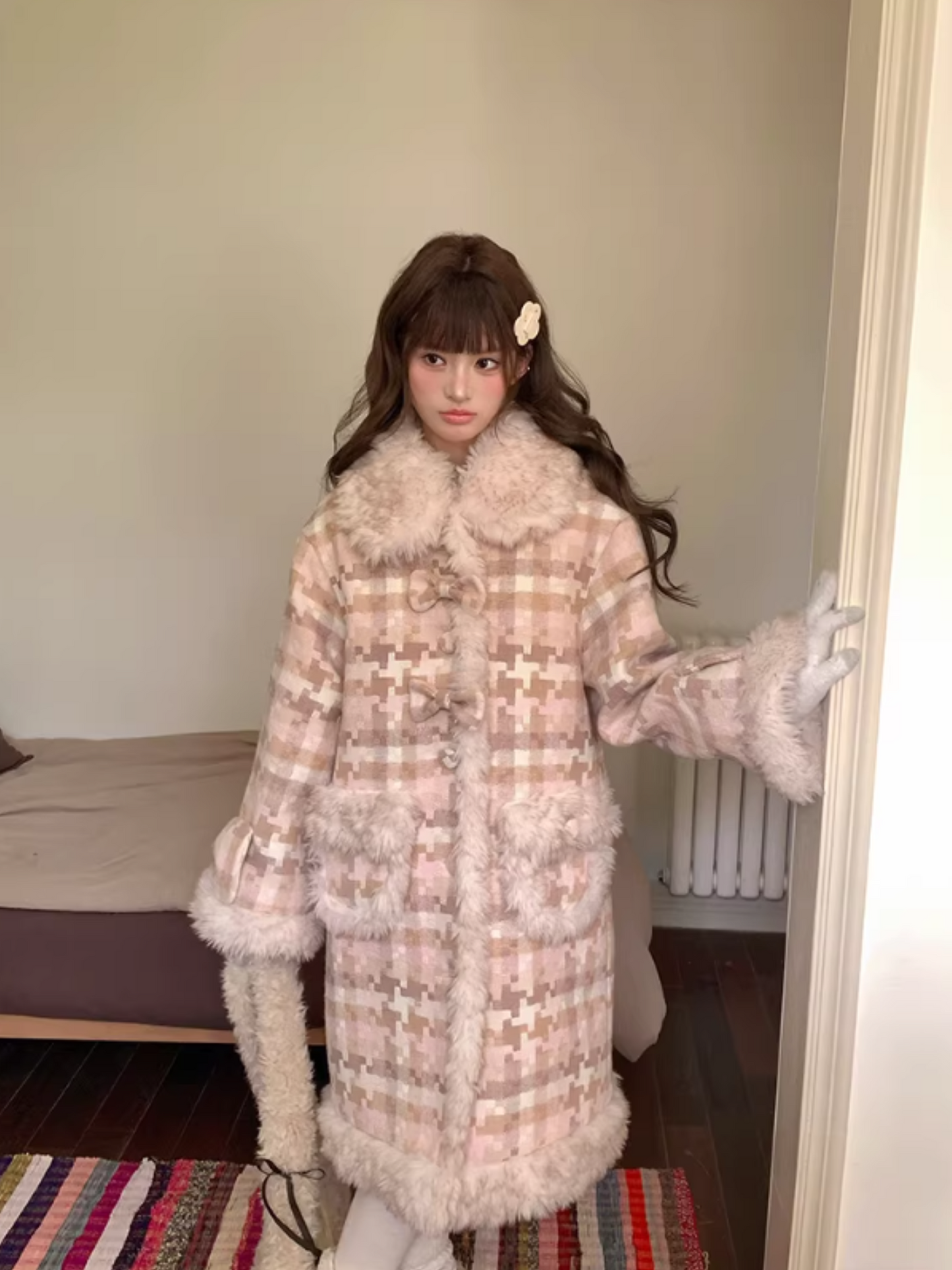 阮阮自制 - Clara Bow Blush Plaid Wool-Blend Padded Coat