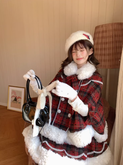 阮阮自制 - "Snowberry Dream" Plaid Cape Wool Blend Two-Piece Winter Set
