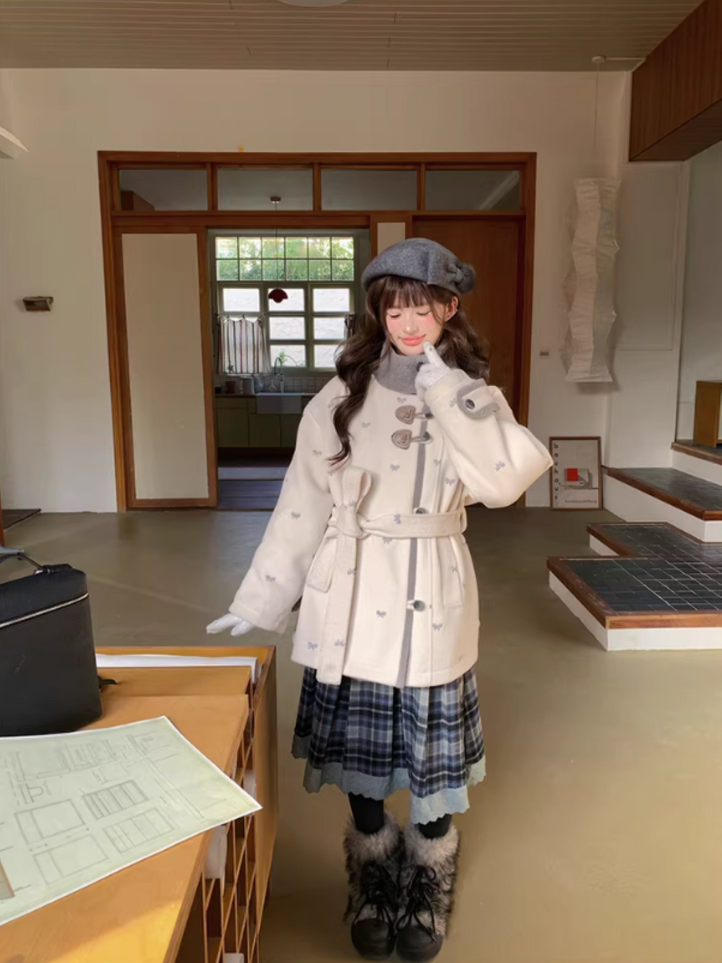 阮阮自制 - "Fog Whisper" Bow Embroidered Wool-Blend Padded Coat