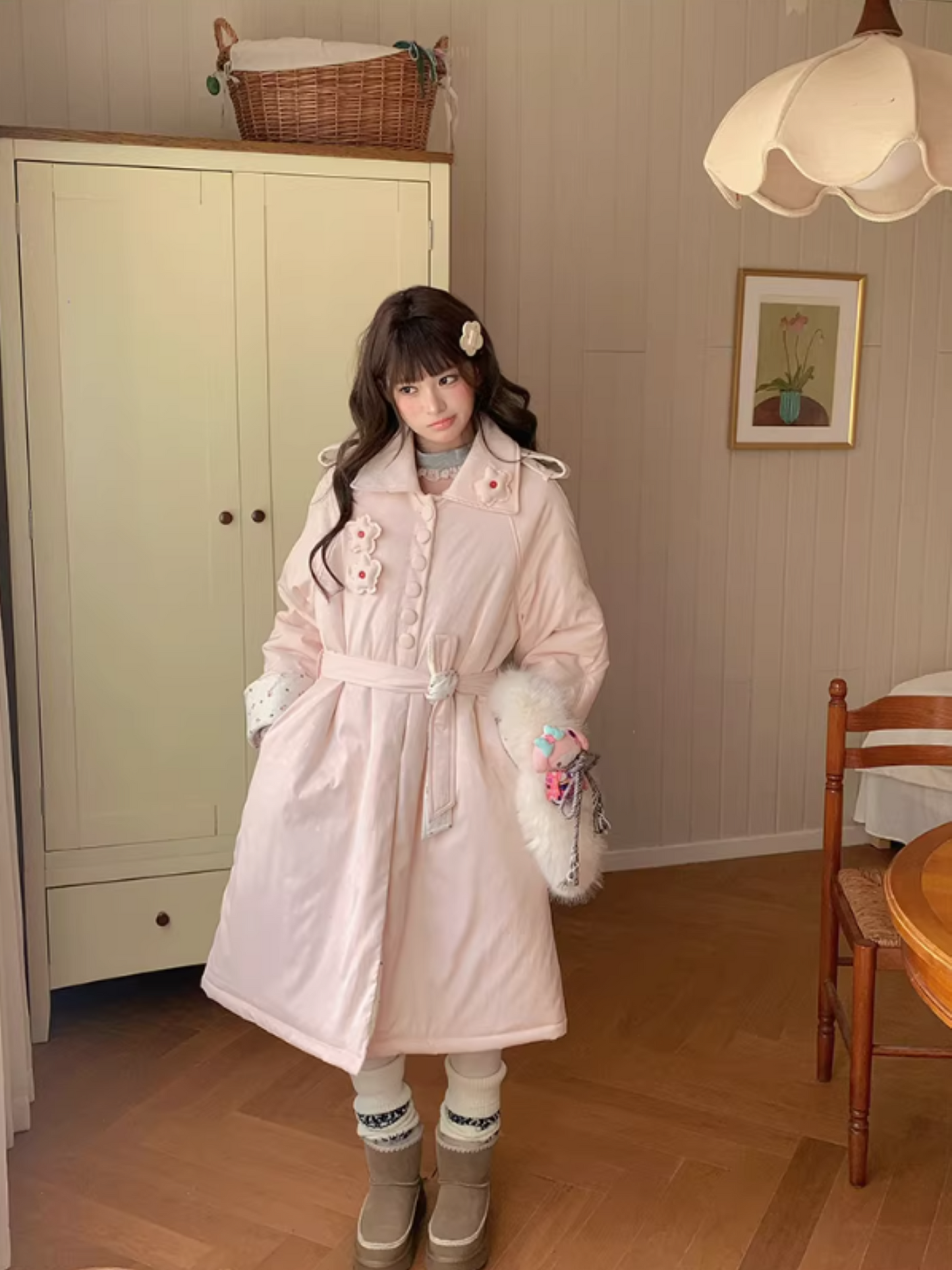 阮阮自制 - Honey Blossom Blush Floral Long Puffer Jacket