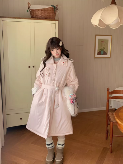 阮阮自制 - Honey Blossom Blush Floral Long Puffer Jacket
