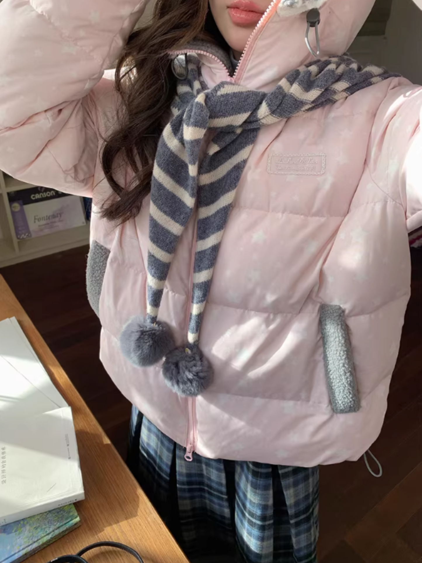 阮阮自制 - "Cherry Amber Star" Star Hooded White Duck Down Jacket