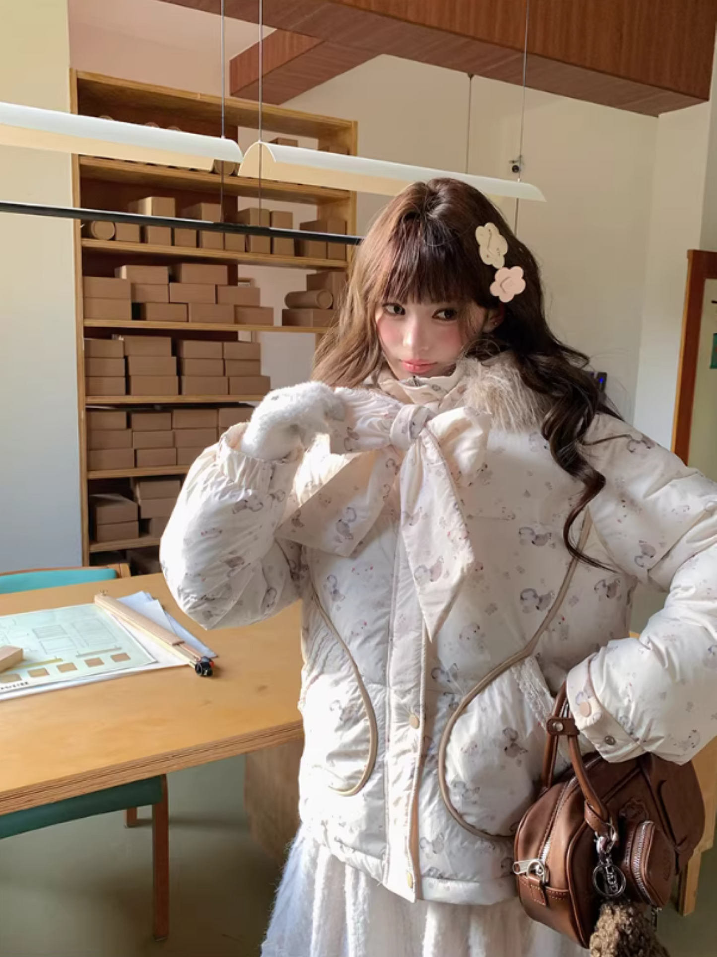 阮阮自制 - "Fluffy Pup" Bow-Detail Puppy Print Puffer Jacket