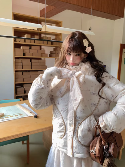 阮阮自制 - "Fluffy Pup" Bow-Detail Puppy Print Puffer Jacket