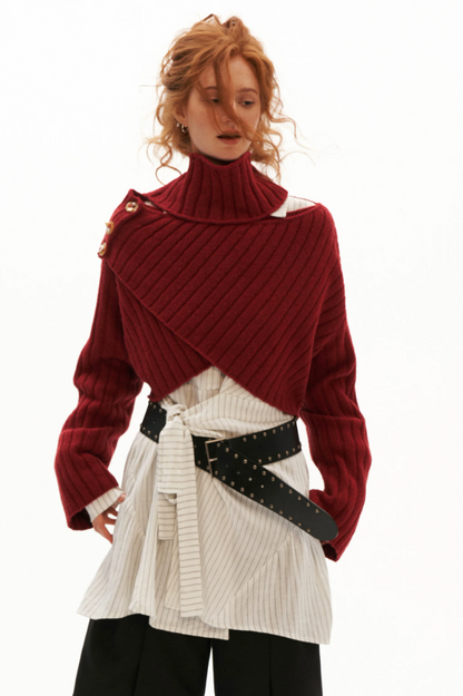 MAMC - Soft Recycled Airy Knit Cross-Neck Sweater (Red / Yellow / Ivory)