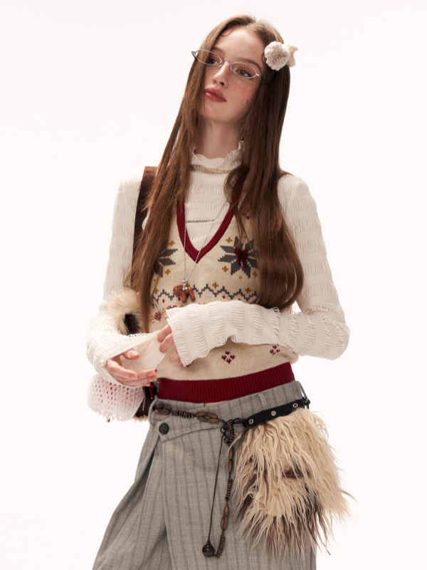 MAMC - Soft Beige Fair Isle Halter V-Neck Knit Vest WE872