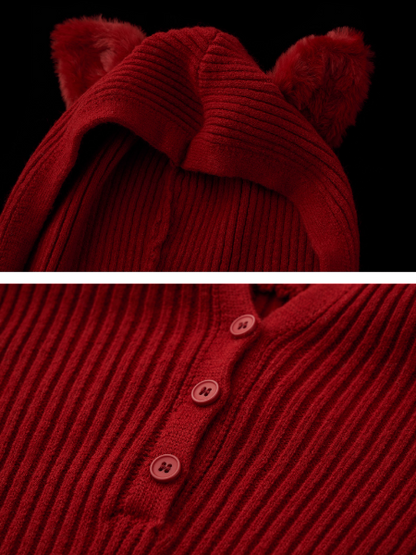 Cute Cat Ear Ribbed Knit Hoodie WE772 (Bold Red)