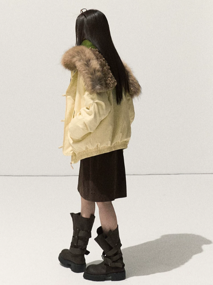 OAKMOO/ Cheese Pale Yellow Down Parka with Detachable Raccoon Fur Trim