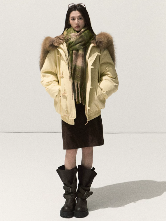 OAKMOO/ Cheese Pale Yellow Down Parka with Detachable Raccoon Fur Trim