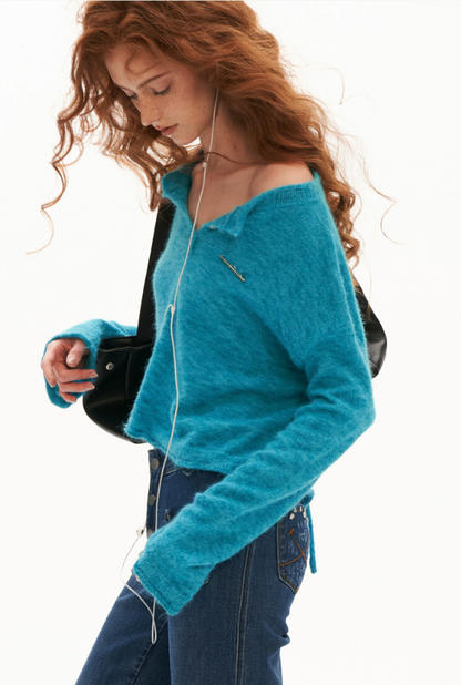 MAMC - Open-Back Mohair Blend Cropped Sweater (Red/ Black/ Blue)
