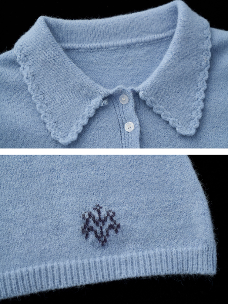 MAMC - Vintage Crochet V-Neck Puff Sleeve Sweater WE837 - BLUE