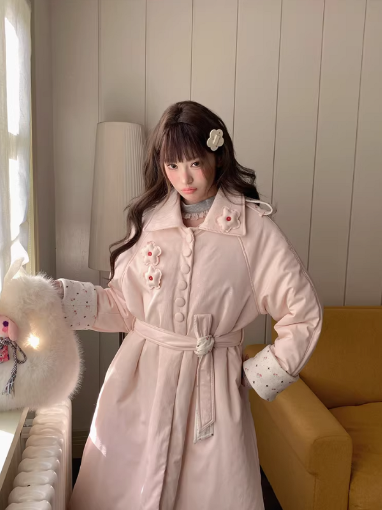 阮阮自制 - Honey Blossom Blush Floral Long Puffer Jacket