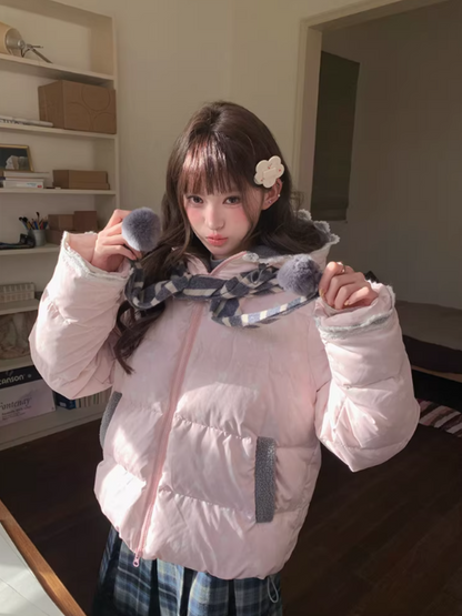 阮阮自制 - "Cherry Amber Star" Star Hooded White Duck Down Jacket