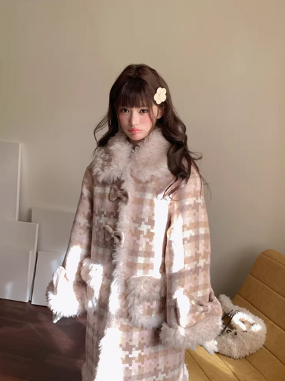 阮阮自制 - Clara Bow Blush Plaid Wool-Blend Padded Coat