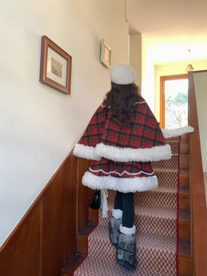 阮阮自制 - "Snowberry Dream" Plaid Cape Wool Blend Two-Piece Winter Set