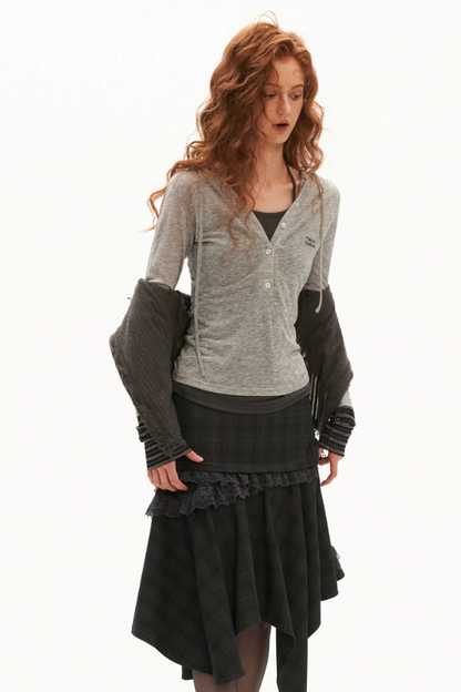 MAMC - Layered Hooded Henley Long Sleeve Top (Grey/ Orange)