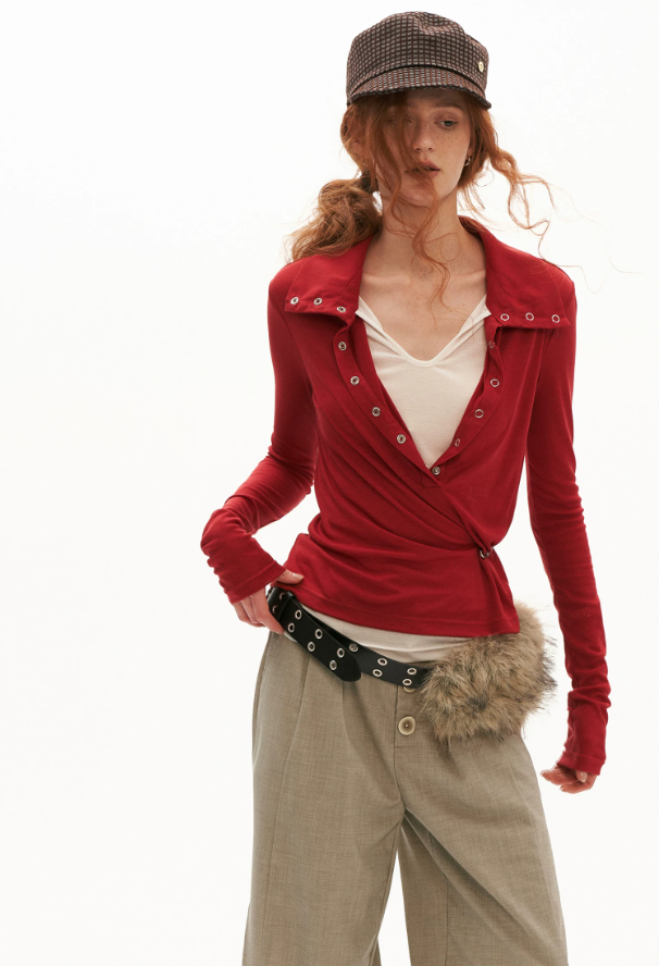 MAMC - Layered Deep V Polo Long Sleeve Top (Purple/ Red/ Black)