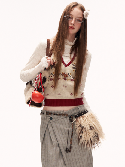 MAMC - Soft Beige Fair Isle Halter V-Neck Knit Vest WE872