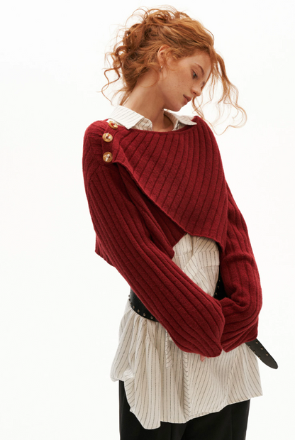 MAMC - Soft Recycled Airy Knit Cross-Neck Sweater (Red / Yellow / Ivory)