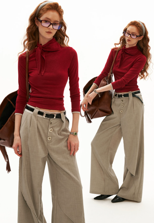 MAMC - Soft Wrap-Tie Fitted Long-Sleeve Top (Red / Black / White / Gray)