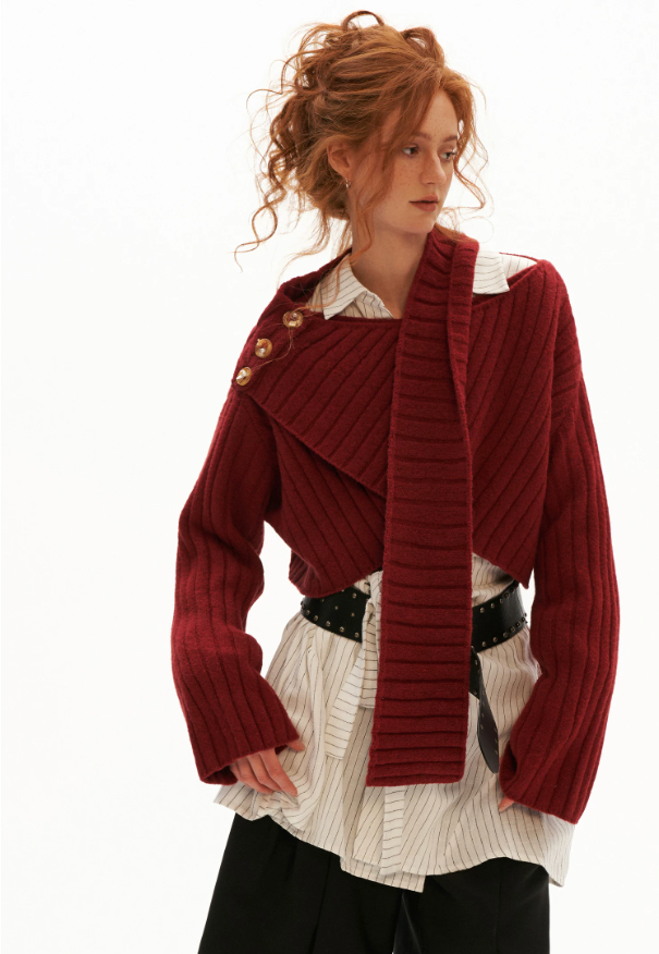MAMC - Soft Recycled Airy Knit Cross-Neck Sweater (Red / Yellow / Ivory)