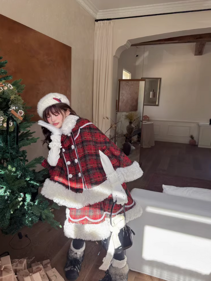 阮阮自制 - "Snowberry Dream" Plaid Cape Wool Blend Two-Piece Winter Set