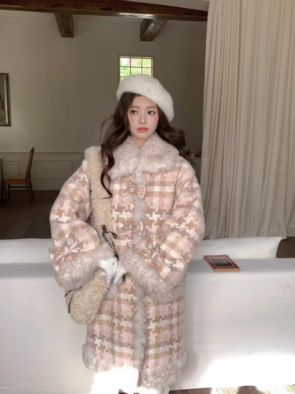 阮阮自制 - Clara Bow Blush Plaid Wool-Blend Padded Coat