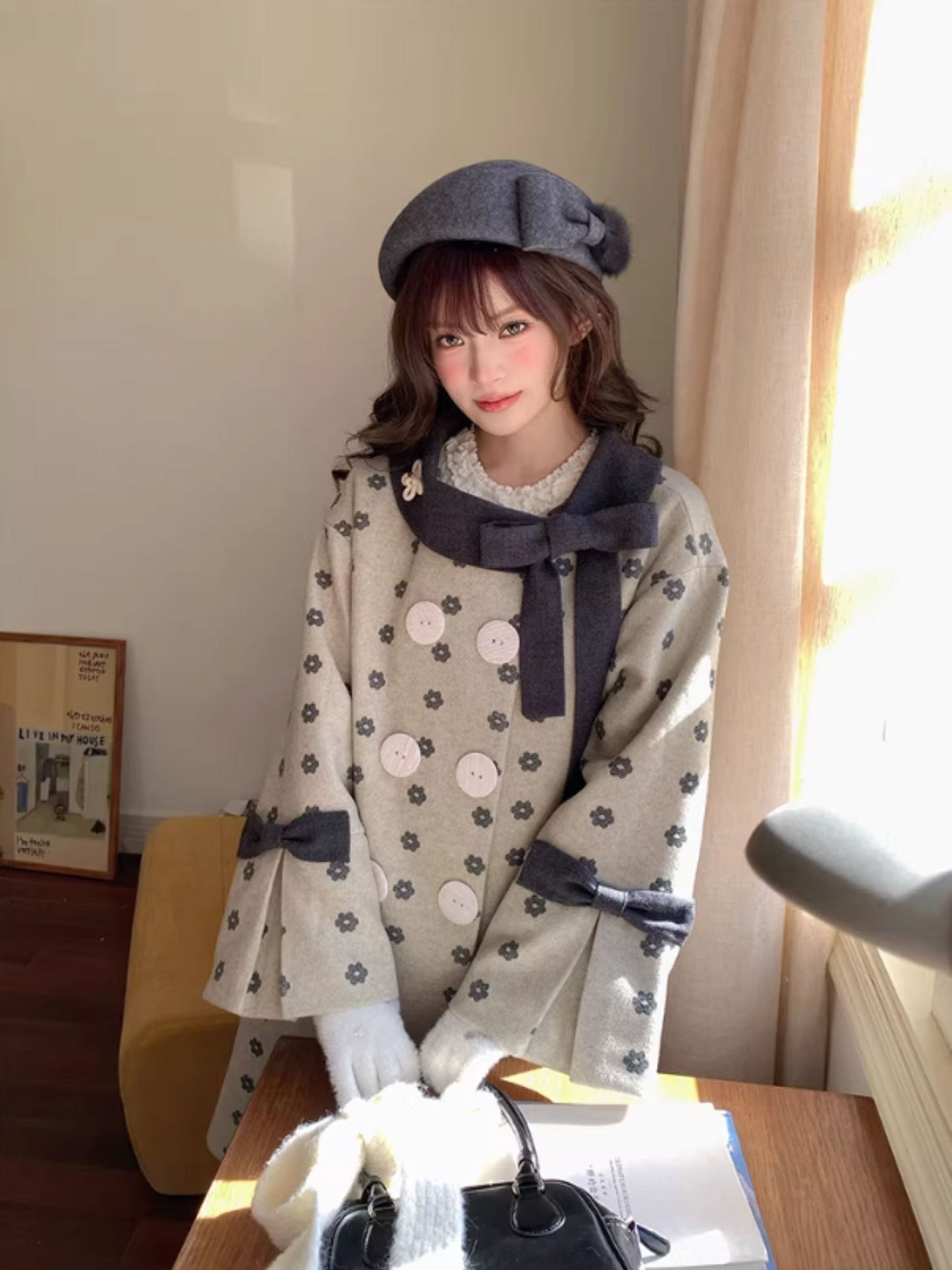 阮阮自制 - "Mild Butterfly" Bow-Embroidered Padded Wool-Blend Winter Coat