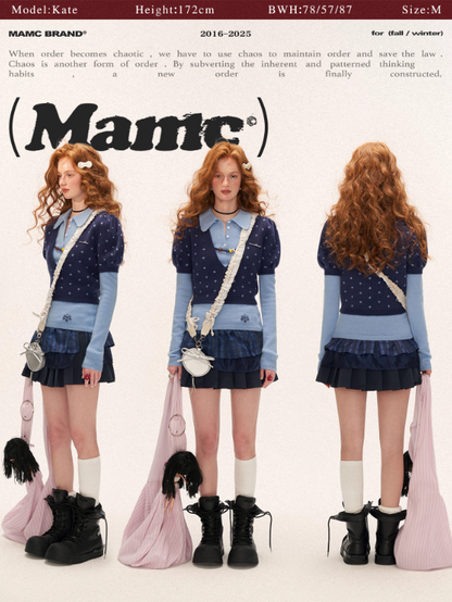 MAMC - Vintage Crochet V-Neck Puff Sleeve Sweater WE837 - BLUE