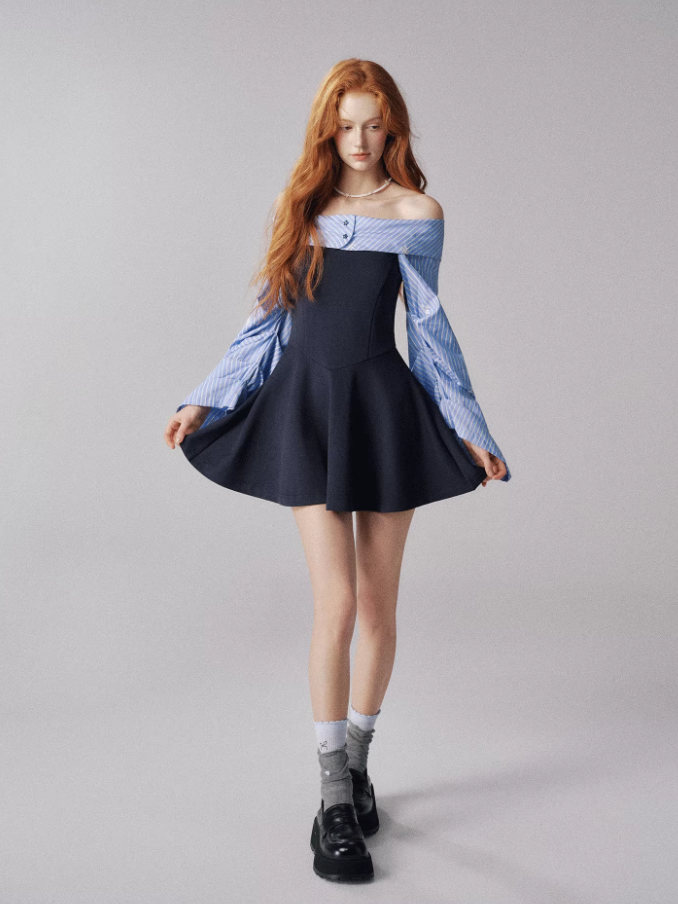 Off-Shoulder Knit Dress with Lantern Sleeves (Navy Blue)