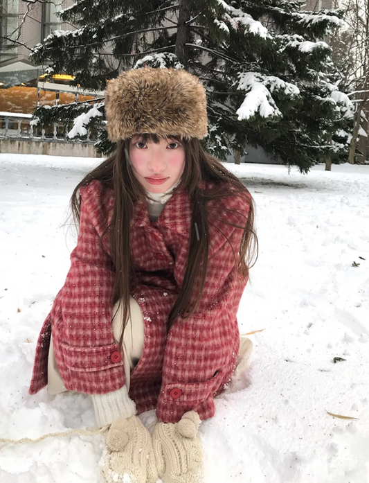 古静海 - Red Plaid Mid-length Coat