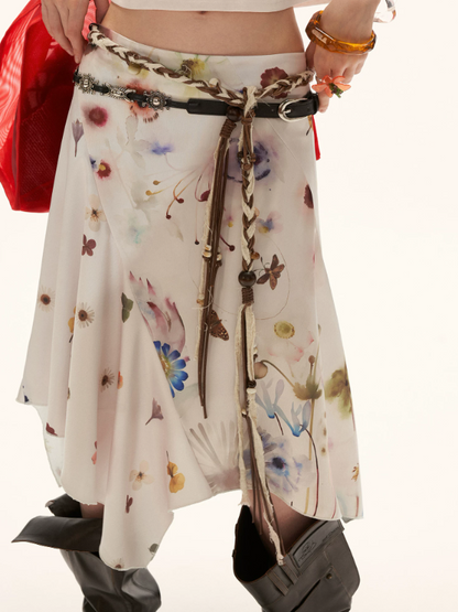 "Poetic Bloom Flow" Asymmetric Satin Panel Midi Skirt WE926
