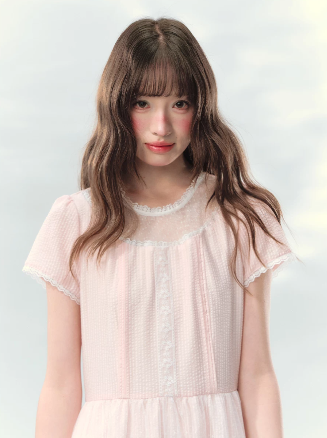 “Peach Bubble Romance” Pink Polka Dot Lace Midi Dress