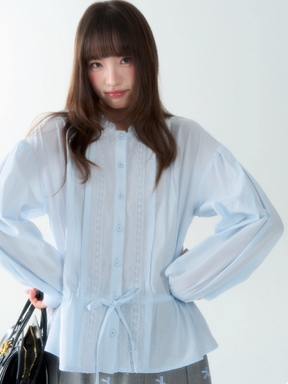 罐头士多所 - "Blue Whisper" Ruffled Collar Lace Shirt