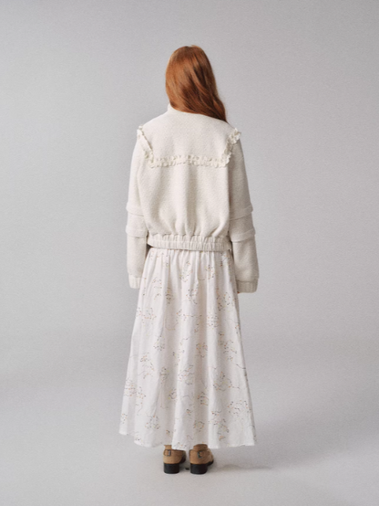 "云卷云舒" White Jacquard Short Jacket with Ruffle Collar