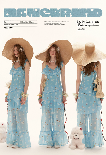 Sky Blue Puppy Print Ruffle Cami & Wide-Leg Pants Set WE969