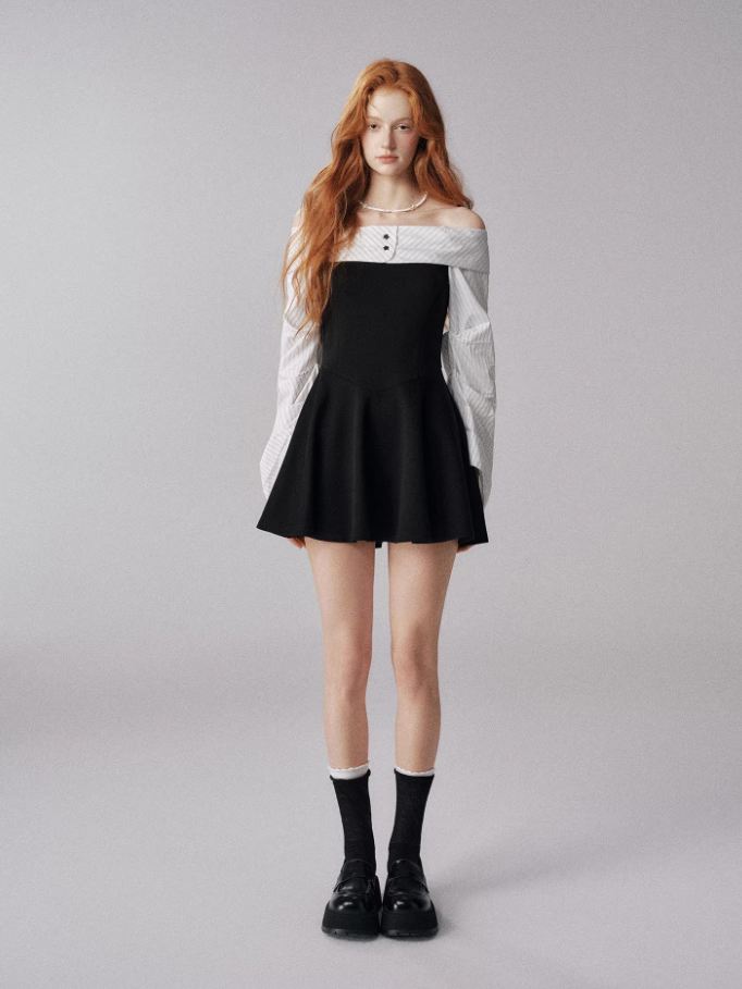Off-Shoulder Knit Dress with Lantern Sleeves (Black & White)