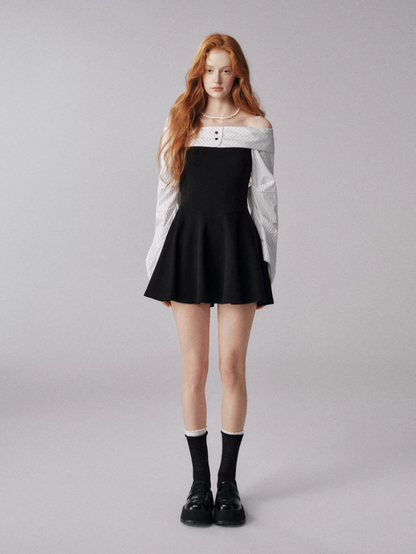 Off-Shoulder Knit Dress with Lantern Sleeves (Black & White)