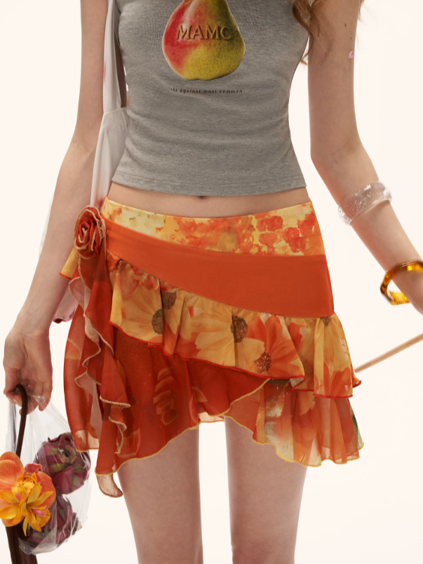 "Sunset Orange Bloom" Asymmetric Layered Mini Skirt WE942
