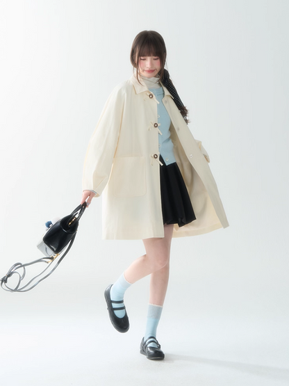 罐头士多所 - Minimal Beige Bow Detail Trench Coat – Puff Sleeve Fall Outerwear