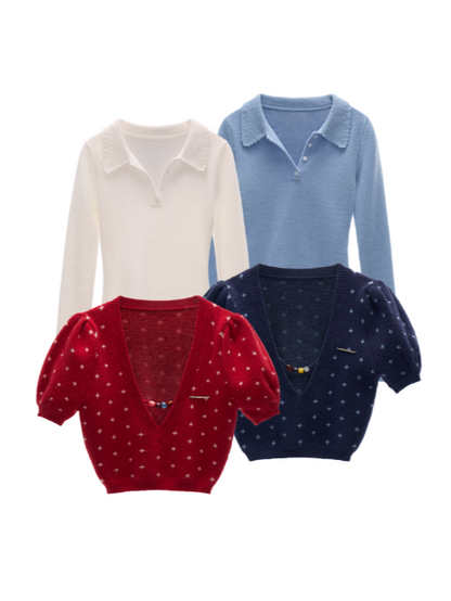 MAMC - Vintage Crochet V-Neck Puff Sleeve Sweater WE837 - BLUE
