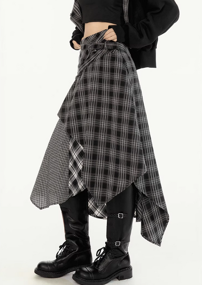 EPTISON - Plaid Irregular Patchwork Midi Skirt