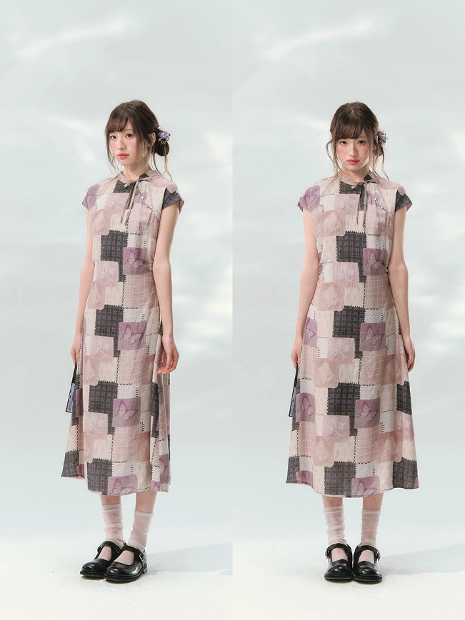 “Wisteria Poetry” Purple Patchwork Print Cheongsam Dress