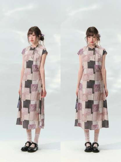 “Wisteria Poetry” Purple Patchwork Print Cheongsam Dress